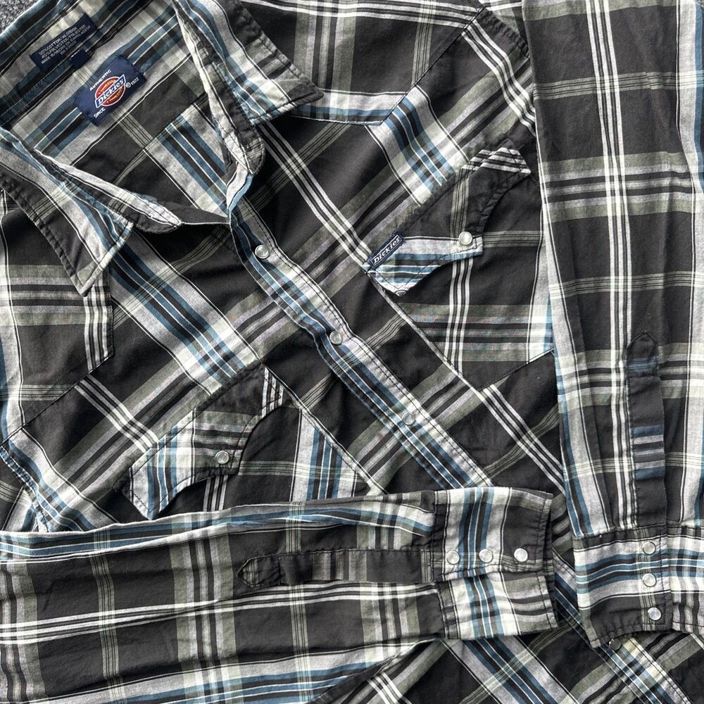 Dickies Mens Gray Black Blue Plaid Pearl Snap Button XLT Western Shirt XL Tall